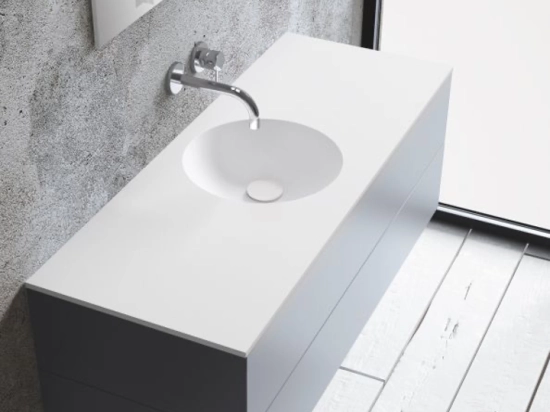 Plan vasque lavabo circulaire ⦰ 30 cm sur mesure Largeur 50 à 201 x P 40 à 51 cm Finition lisse 10 couleurs au choix, Anti bactérien Résine Akrytan® dans la masse Livraison Offerte.